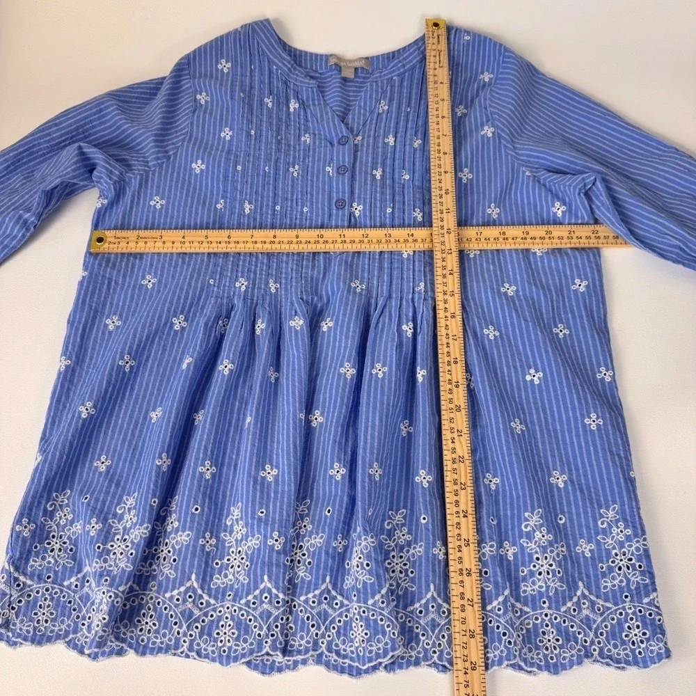 Woman Within Tunic Women 14/16 M Blue 3/4‎ Sleeve Striped Eyelet Cotton Babydoll